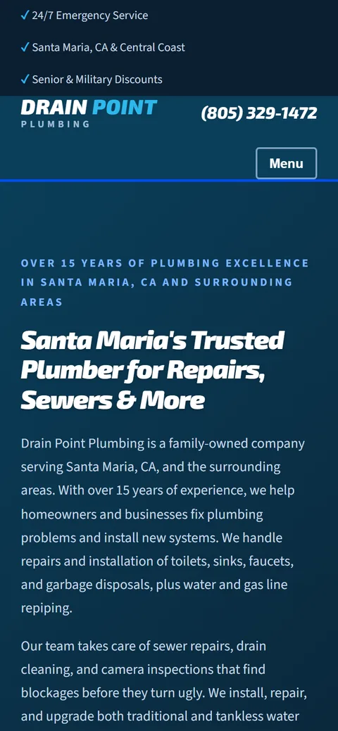 Home 28 The same Drain Point Plumbing home page on a phone