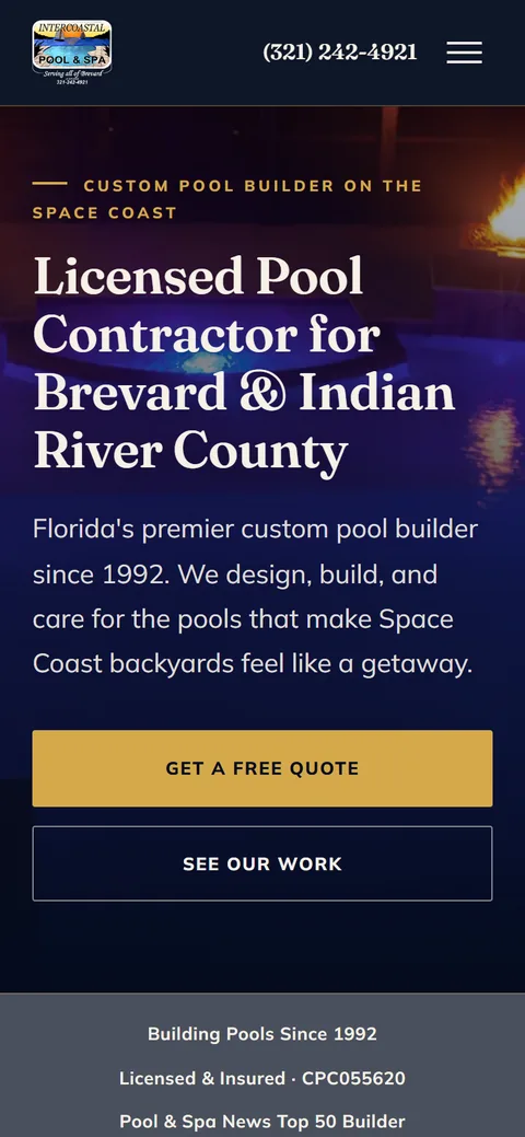 Home 18 The same Intercoastal Pool & Spa home page on a phone
